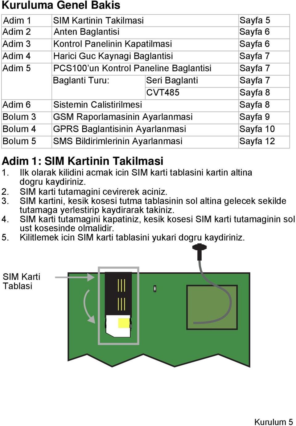 Baglantisinin Ayarlanmasi Sayfa 10 Bolum 5 SMS Bildirimlerinin Ayarlanmasi Sayfa 12 Adim 1: SIM Kartinin Takilmasi 1. Ilk olarak kilidini acmak icin SIM karti tablasini kartin altina dogru kaydiriniz.