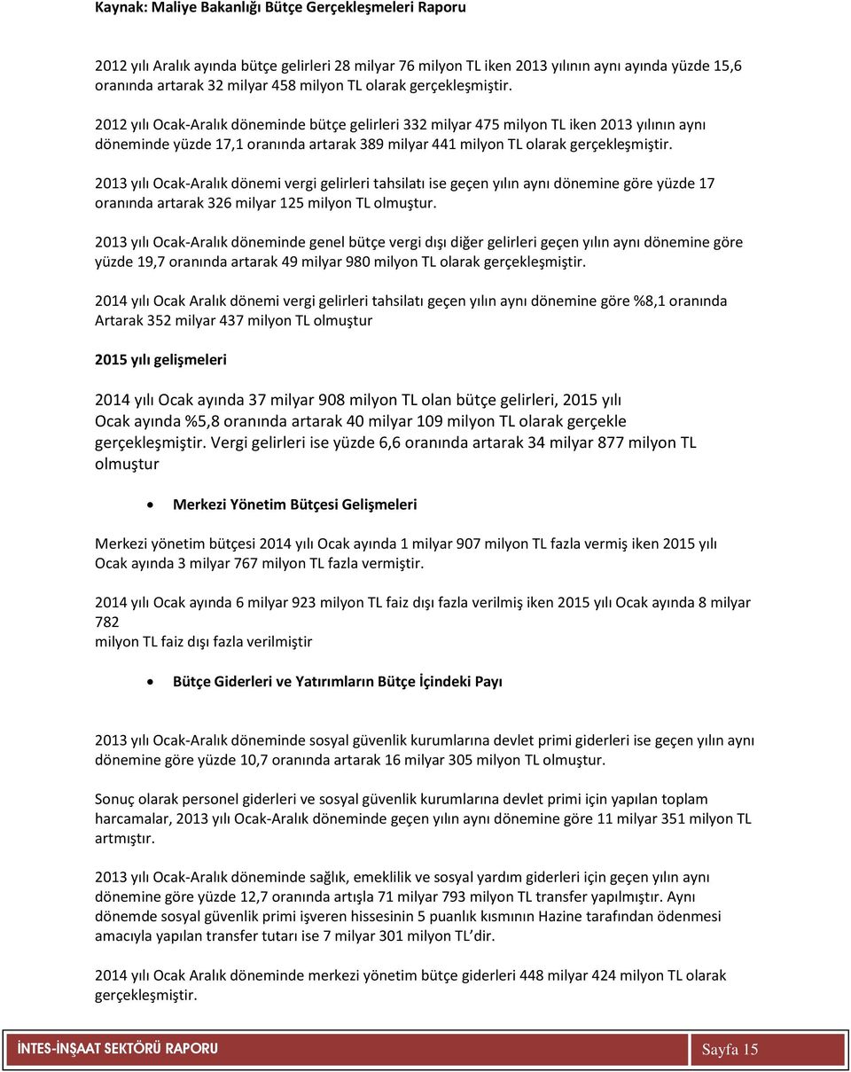 2012 yılı Ocak-Aralık döneminde bütçe gelirleri 332 milyar 475 milyon TL iken 2013 yılının aynı döneminde yüzde 17,1 oranında artarak 389 milyar 441 milyon TL  2013 yılı Ocak-Aralık dönemi vergi