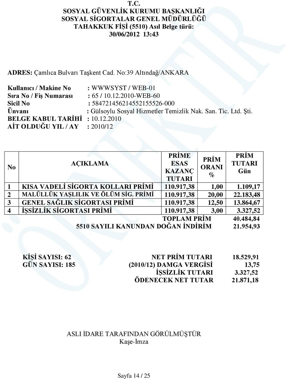 San. Tic. Ltd. Şti. BELGE KABUL TARİHİ : 10.12.2010 AİT OLDUĞU YIL / AY : 2010/12 No AÇIKLAMA PRİME ESAS KAZANÇ TUTARI PRİM ORANI % PRİM TUTARI Gün 1 KISA VADELİ SİGORTA KOLLARI PRİMİ 110.