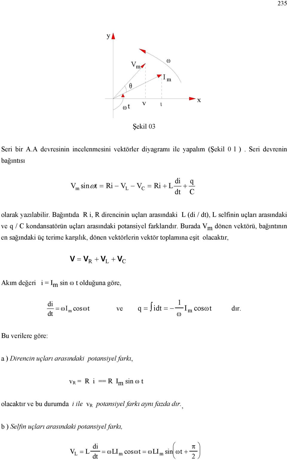 Burada m dönen vektörü, bağıntının en sağındaki üç terime karşılık, dönen vektörlerin vektör tolamına eşit olacaktır, = + + Akım değeri i = m sin ω t olduğuna göre, di dt 1 =ωιm cos ωt ve q =