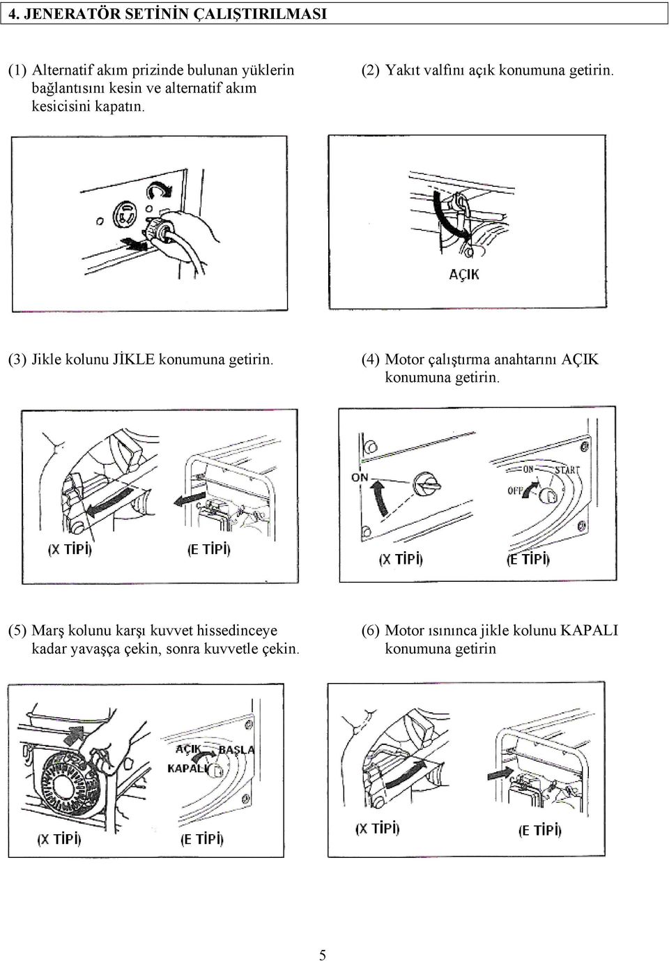 (3) Jikle kolunu JİKLE konumuna getirin. (4) Motor çalıştırma anahtarını AÇIK konumuna getirin.