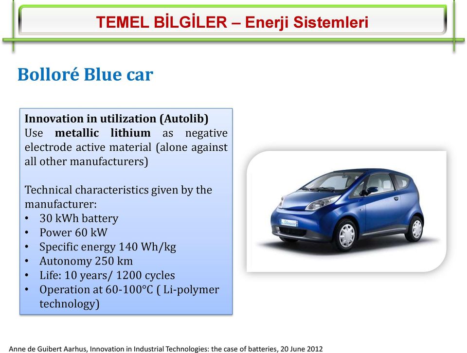 Power 60 kw Specific energy 140 Wh/kg Autonomy 250 km Life: 10 years/ 1200 cycles Operation at 60-100 C (