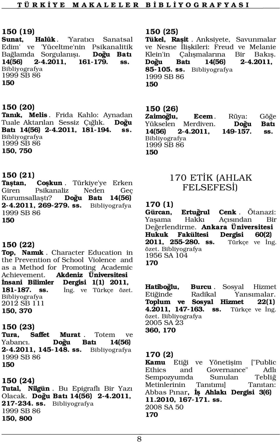 Frida Kahlo: Aynadan Tuale Aktar lan Sessiz Ç l k. Do u Bat 14(56) 2-4.2011, 181-194. ss. 1999 SB 86 1999 SB 86 150, 750 150 Zaimo lu, Ecem. Rüya: Gö e Yükselen Merdiven. Do u Bat 14(56) 2-4.2011, 149-157.