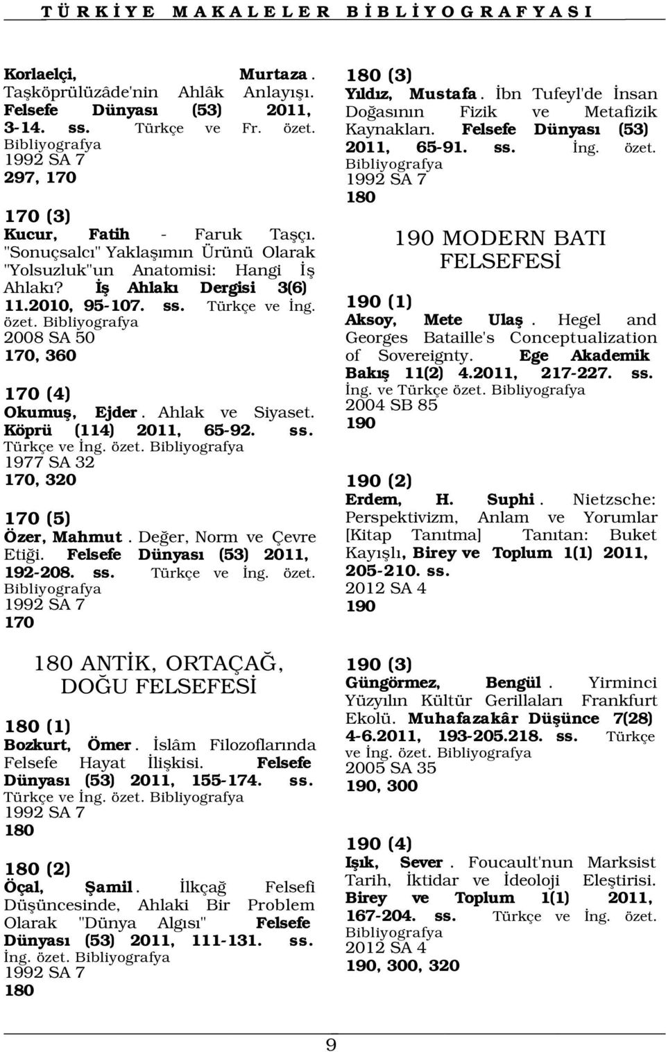 Ahlak ve Siyaset. Köprü (114) 2011, 65-92. ss. Türkçe ve ng. özet. 1977 SA 32 170, 320 190 (2) 170 (5) Özer, Mahmut. De er, Norm ve Çevre Eti i. Felsefe Dünyas (53) 2011, 192-208. ss. Türkçe ve ng. özet. 2012 SA 4 1992 SA 7 190 170 180 (3) Y ld z, Mustafa.