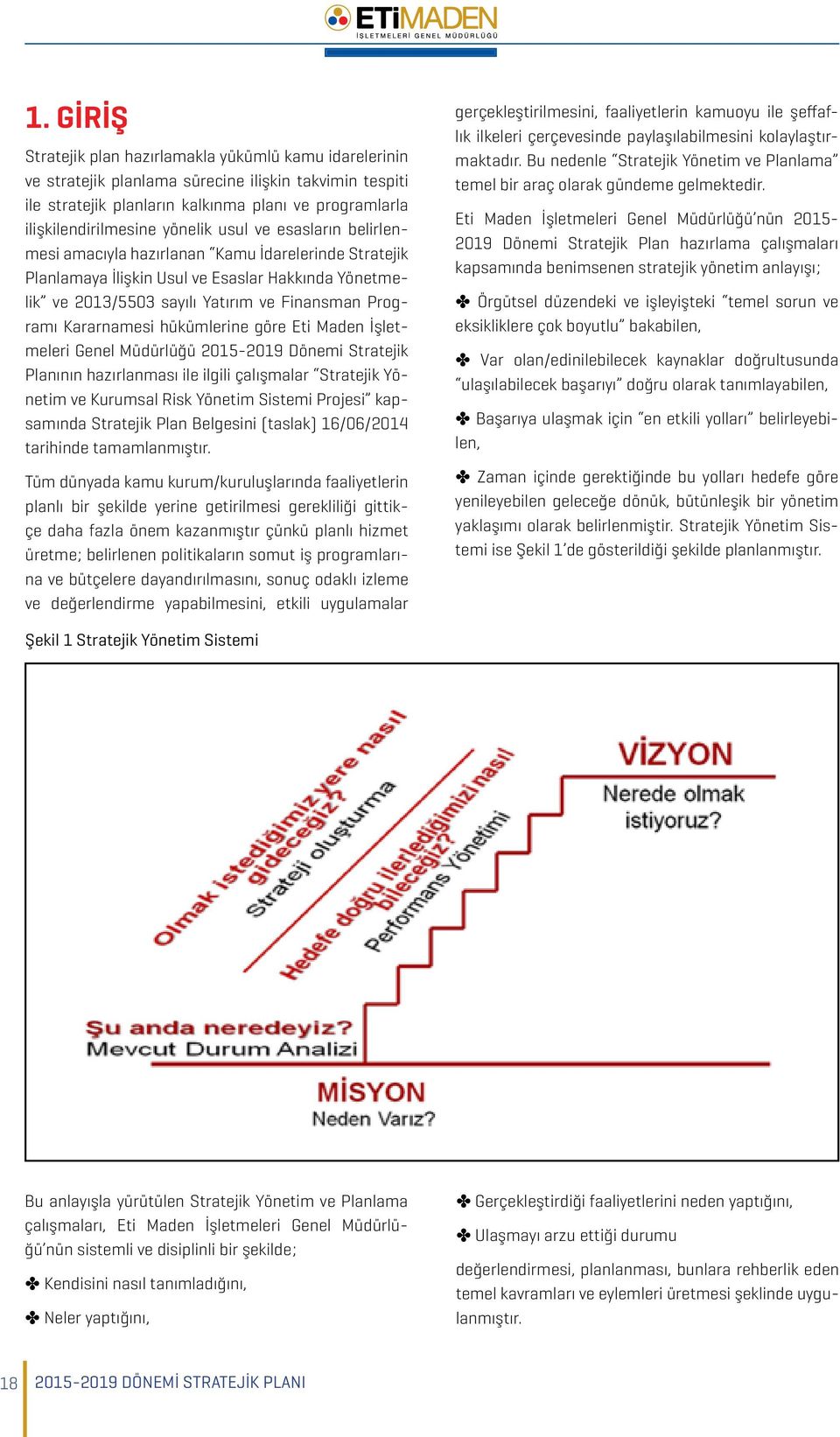 Kararnamesi hükümlerine göre Eti Maden İşletmeleri Genel Müdürlüğü 2015-2019 Dönemi Stratejik Planının hazırlanması ile ilgili çalışmalar Stratejik Yönetim ve Kurumsal Risk Yönetim Sistemi Projesi