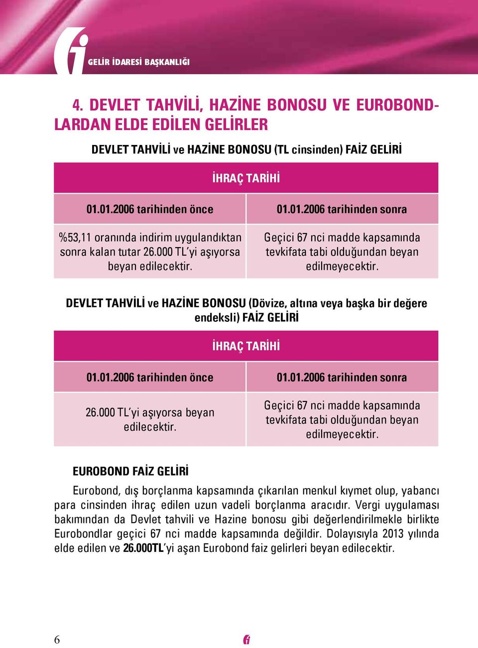 DEVLET TAHVİLİ ve HAZİNE BONOSU (Dövize, altına veya başka bir değere endeksli) FAİZ GELİRİ İHRAÇ TARİHİ 01.01.2006 tarihinden önce 01.01.2006 tarihinden sonra 26.000 TL yi aşıyorsa beyan edilecektir.