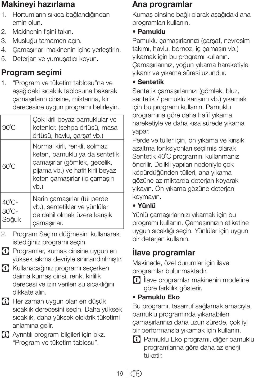 90 C 60 C 40 C- 30 C- Soğuk Çok kirli beyaz pamuklular ve ketenler. (sehpa örtüsü, masa örtüsü, havlu, çarşaf vb.