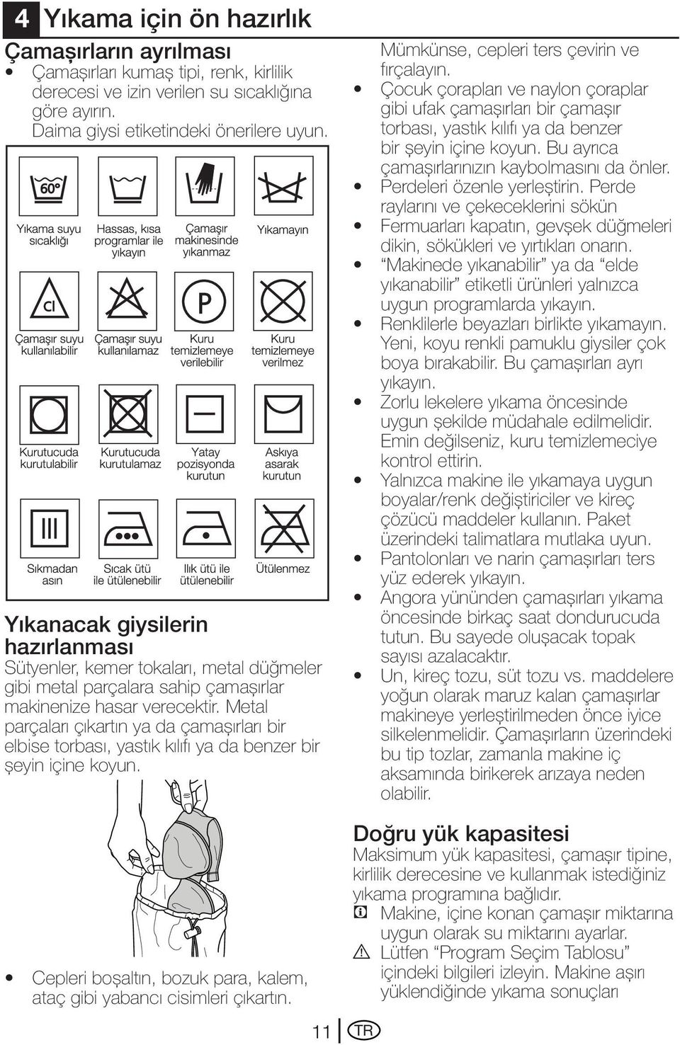 Metal parçaları çıkartın ya da çamaşırları bir elbise torbası, yastık kılıfı ya da benzer bir şeyin içine koyun. Cepleri boşaltın, bozuk para, kalem, ataç gibi yabancı cisimleri çıkartın.