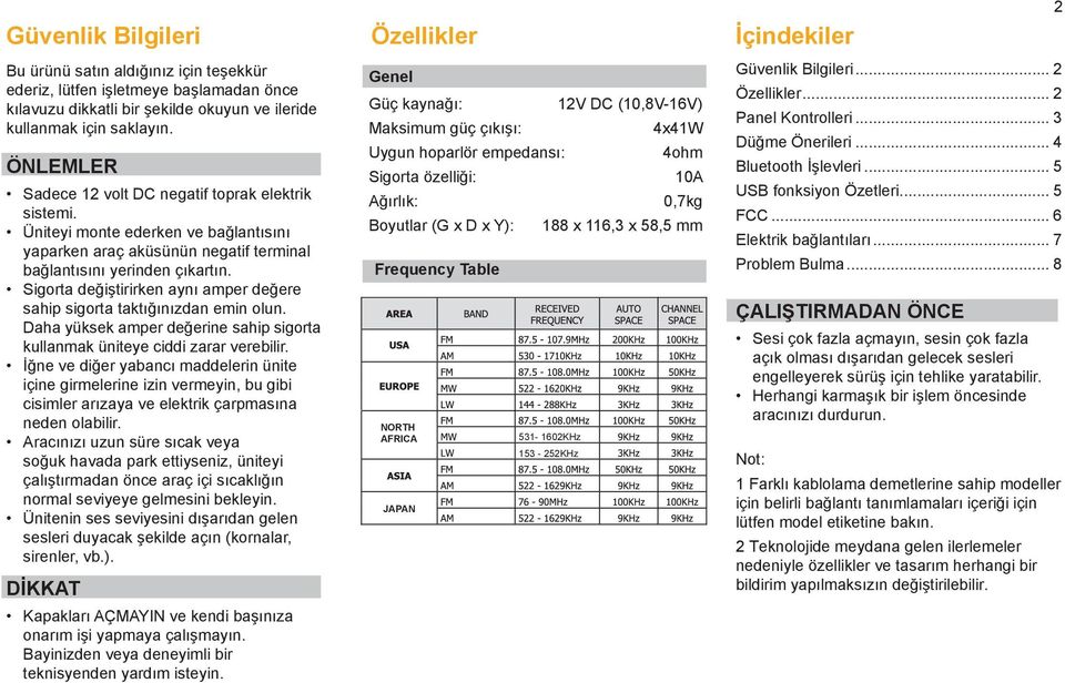 Sigorta değiştirirken aynı amper değere sahip sigorta taktığınızdan emin olun. Daha yüksek amper değerine sahip sigorta kullanmak üniteye ciddi zarar verebilir.