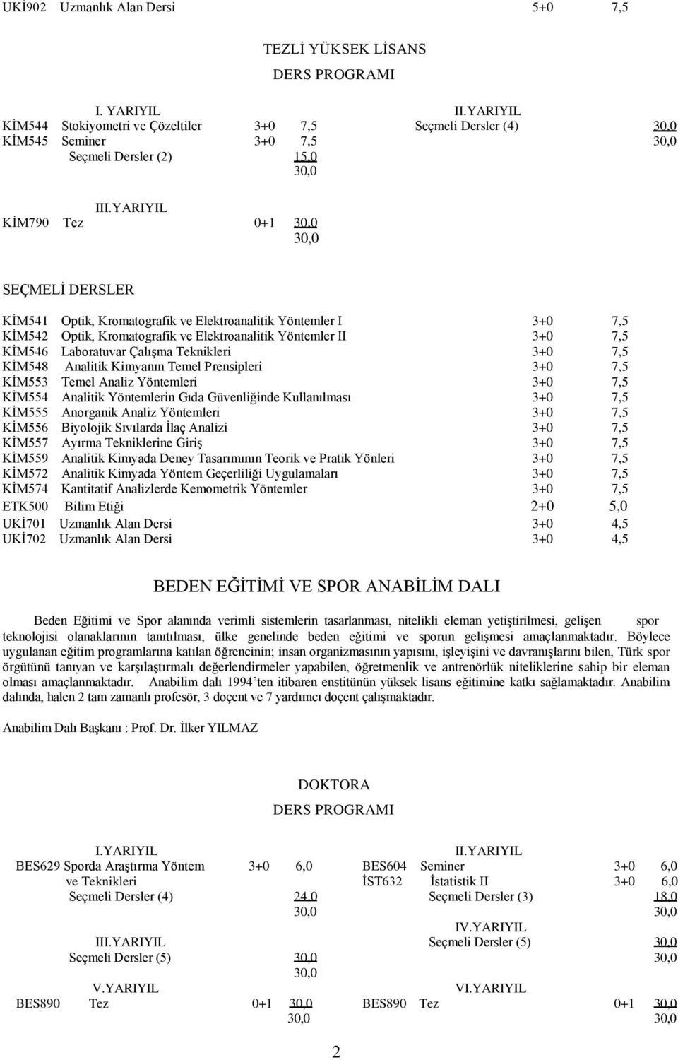 YARIYIL KİM790 Tez 0+1 SEÇMELİ DERSLER KİM541 Optik, Kromatografik ve Elektroanalitik Yöntemler I 3+0 7,5 KİM542 Optik, Kromatografik ve Elektroanalitik Yöntemler II 3+0 7,5 KİM546 Laboratuvar