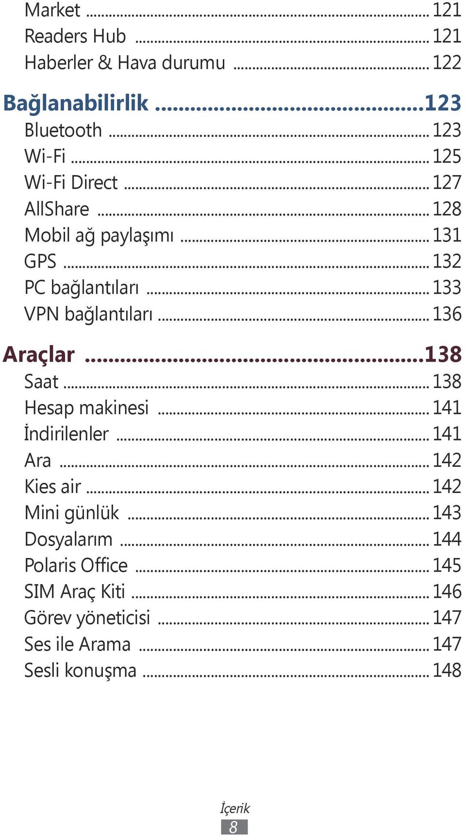 .. 136 Araçlar...138 Saat... 138 Hesap makinesi... 141 İndirilenler... 141 Ara... 142 Kies air... 142 Mini günlük.