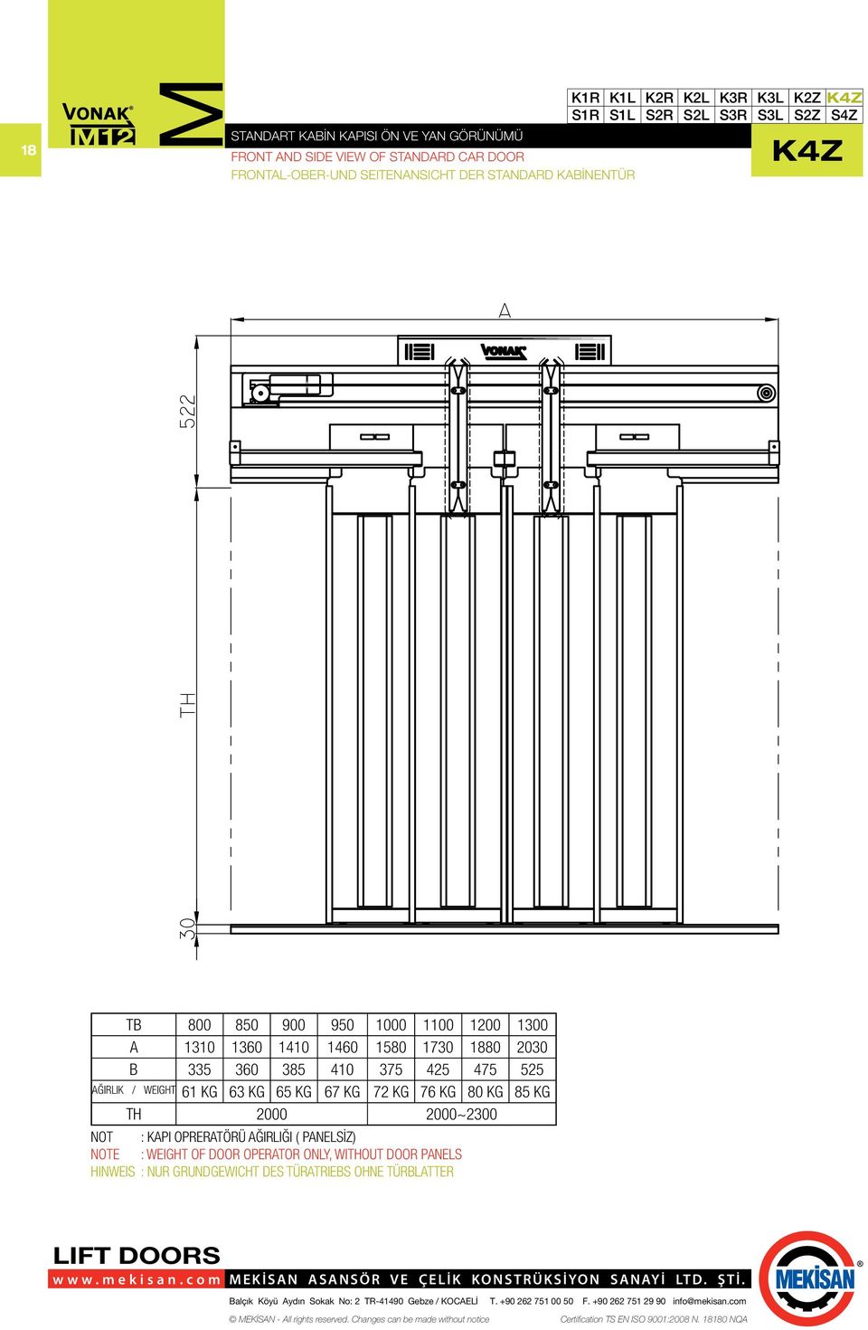 425 475 525 AĞIRLIK / WEIGHT 61 KG 63 KG 65 KG 67 KG 72 KG 76 KG 80 KG 85 KG TH 2000 2000~2300 NOT : KAPI OPRERATÖRÜ AĞIRLIĞI