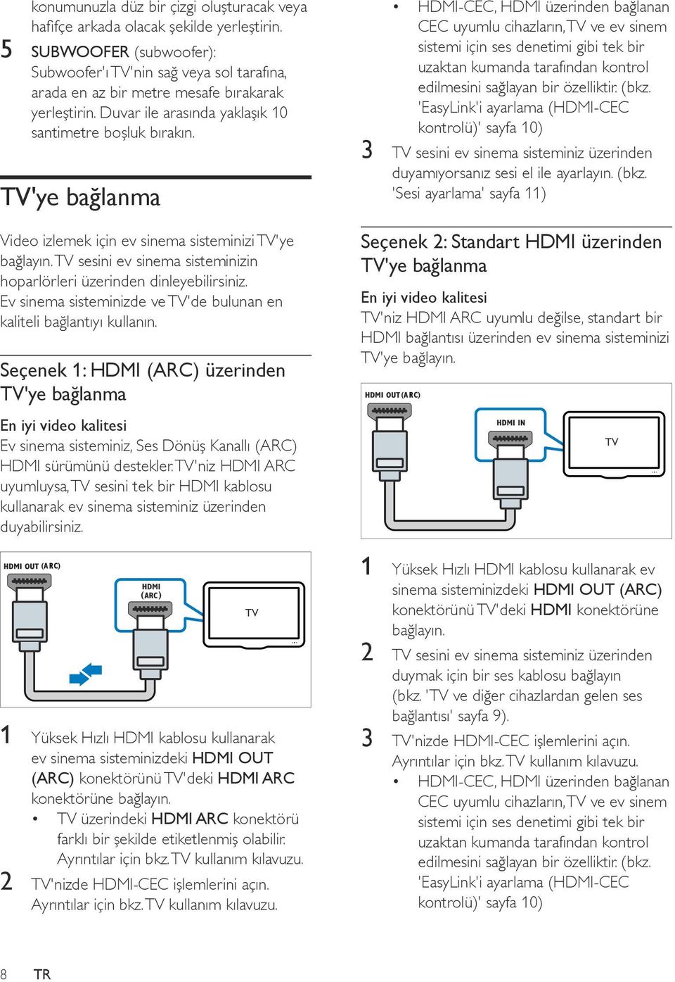 TV'ye bağlanma Video izlemek için ev sinema sisteminizi TV'ye bağlayın. TV sesini ev sinema sisteminizin hoparlörleri üzerinden dinleyebilirsiniz.