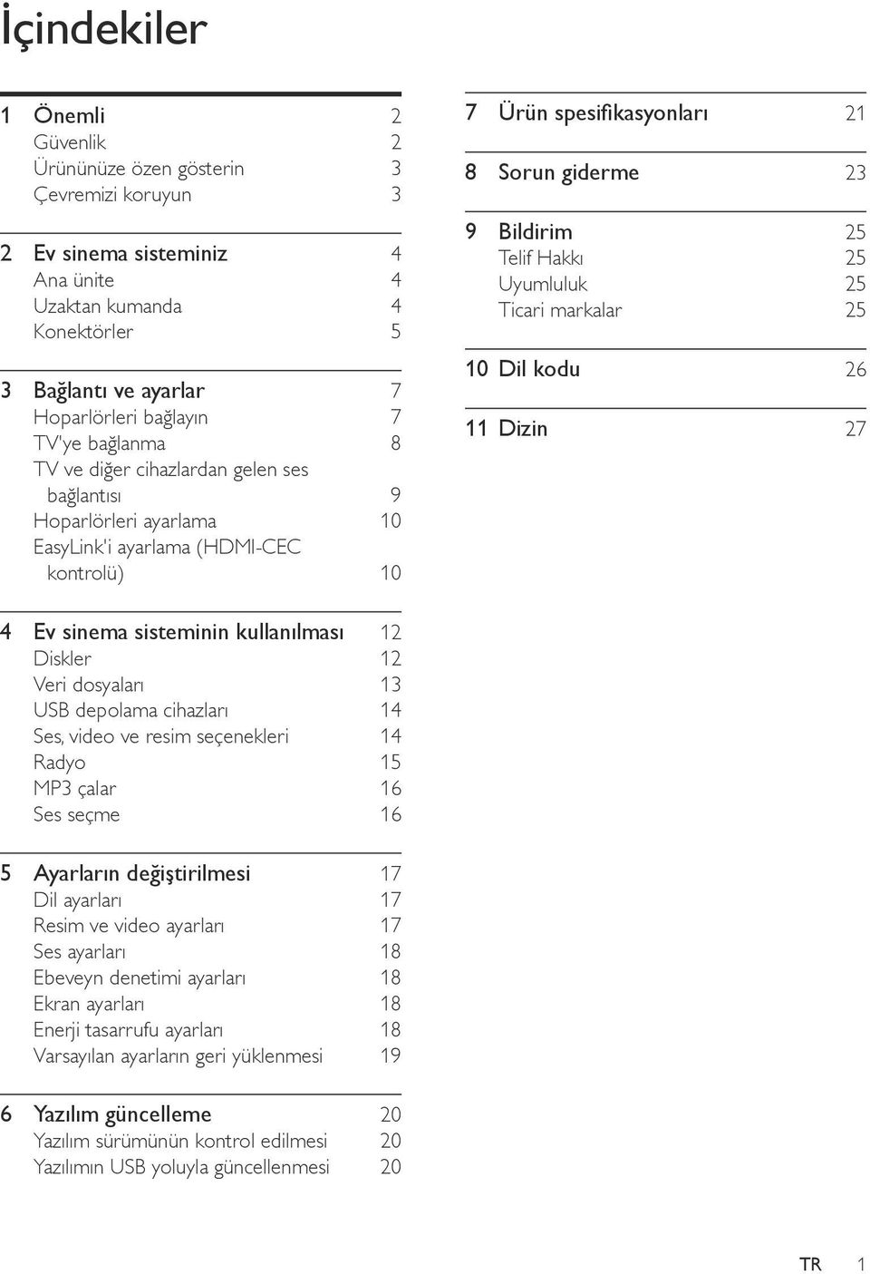 Hakkı 25 Uyumluluk 25 Ticari markalar 25 10 Dil kodu 26 11 Dizin 27 4 Ev sinema sisteminin kullanılması 12 Diskler 12 Veri dosyaları 13 USB depolama cihazları 14 Ses, video ve resim seçenekleri 14