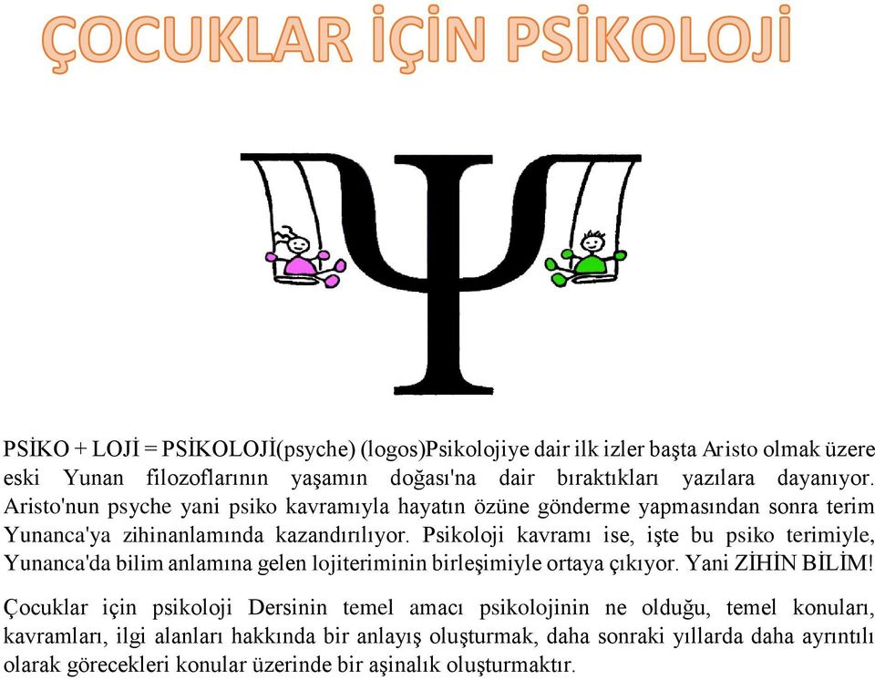 Psikoloji kavramı ise, işte bu psiko terimiyle, Yunanca'da bilim anlamına gelen lojiteriminin birleşimiyle ortaya çıkıyor. Yani ZİHİN BİLİM!