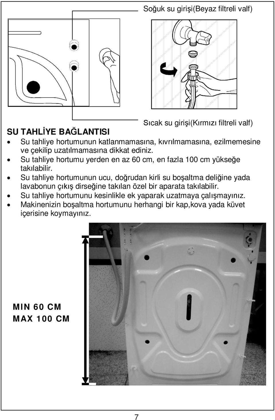 Su tahliye hortumunun ucu, do rudan kirli su bo altma deli ine yada lavabonun ç dirse ine tak lan özel bir aparata tak labilir.