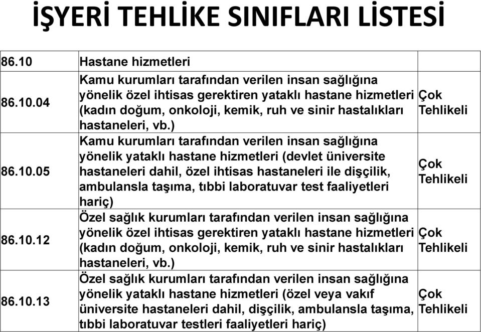 04 86.10.05 86.10.12 86.10.13 Kamu kurumları tarafından verilen insan sağlığına yönelik özel ihtisas gerektiren yataklı hastane hizmetleri (kadın doğum, onkoloji, kemik, ruh ve sinir hastalıkları hastaneleri, vb.