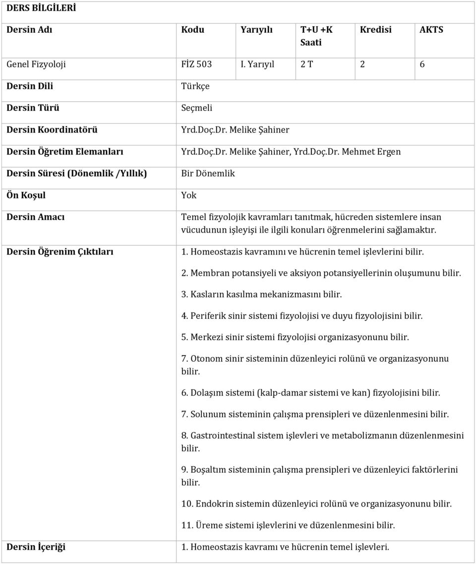 Melike Şahiner Yrd.Doç.Dr. Melike Şahiner, Yrd.Doç.Dr. Mehmet Ergen Bir Dönemlik Yok Temel fizyolojik kavramları tanıtmak, hücreden sistemlere insan vücudunun işleyişi ile ilgili konuları öğrenmelerini sağlamaktır.