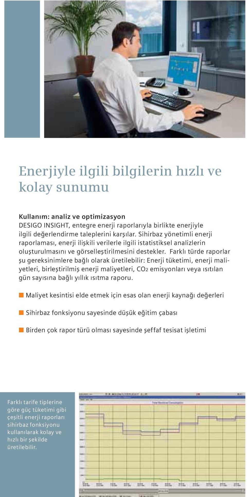 Farklı türde raporlar şu gereksinimlere bağlı olarak üretilebilir: Enerji tüketimi, enerji maliyetleri, birleştirilmiş enerji maliyetleri, CO2 emisyonları veya ısıtılan gün sayısına bağlı yıllık