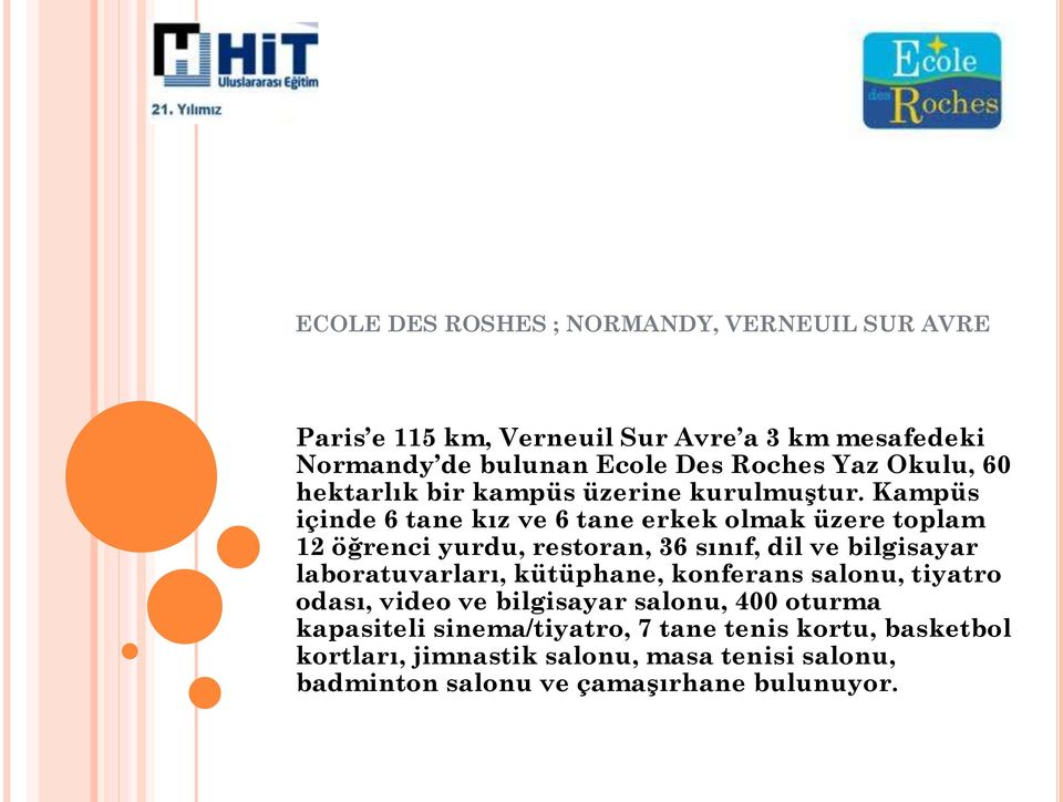 Kampüs içinde 6 tane kız ve 6 tane erkek olmak üzere toplam 12 öğrenci yurdu, restoran, 36 sınıf, dil ve bilgisayar laboratuvarları,