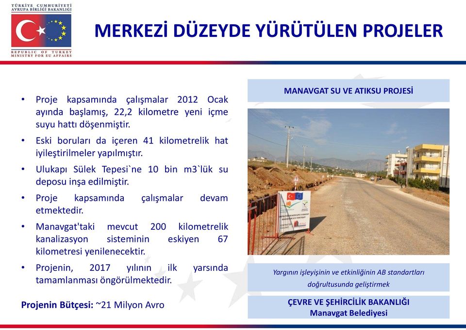 Proje kapsamında çalışmalar devam etmektedir. Manavgat'taki mevcut 200 kilometrelik kanalizasyon sisteminin eskiyen 67 kilometresi yenilenecektir.