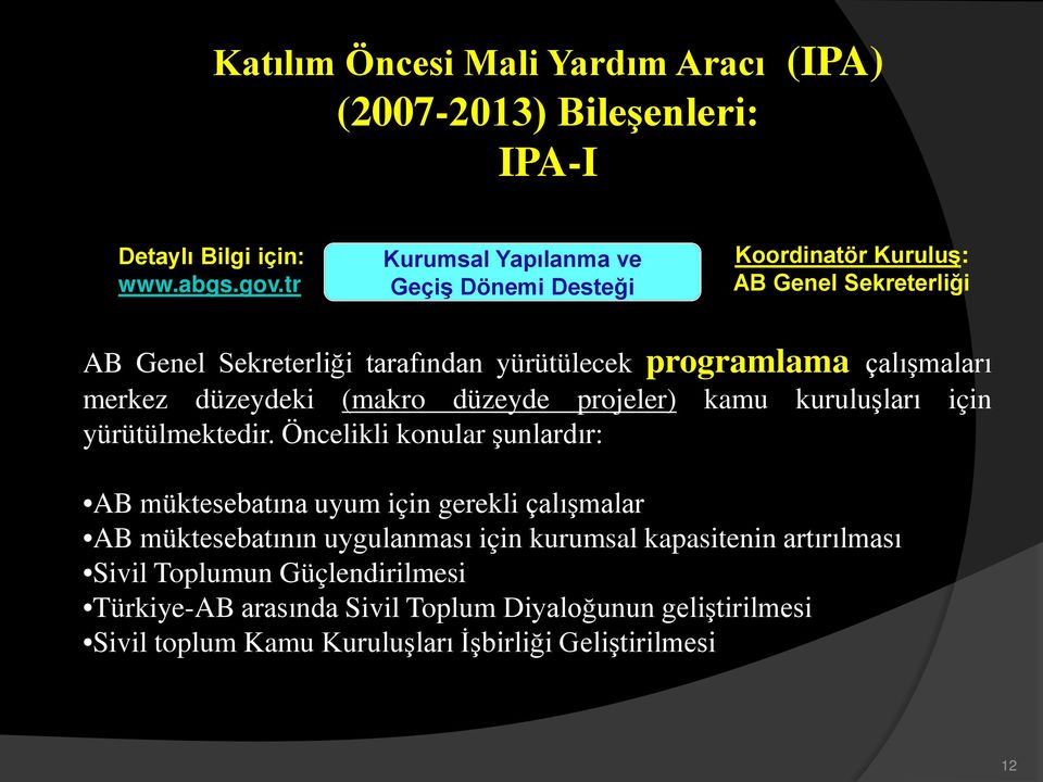 merkez düzeydeki (makro düzeyde projeler) kamu kuruluşları için yürütülmektedir.