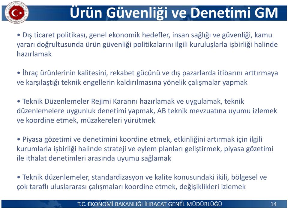 Düzenlemeler Rejimi Kararını hazırlamak ve uygulamak, teknik düzenlemelere uygunluk denetimi yapmak, AB teknik mevzuatına uyumu izlemek ve koordine etmek, müzakereleri yürütmek Piyasa gözetimi ve