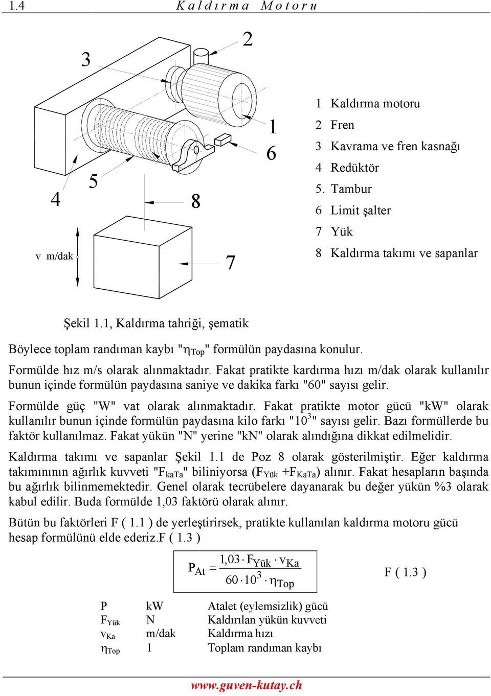 Fakat pratikte kardırma hızı m/dak olarak kullanılır bunun içinde formülün paydasına saniye ve dakika farkı "60" sayısı gelir. Formülde güç "W" vat olarak alınmaktadır.