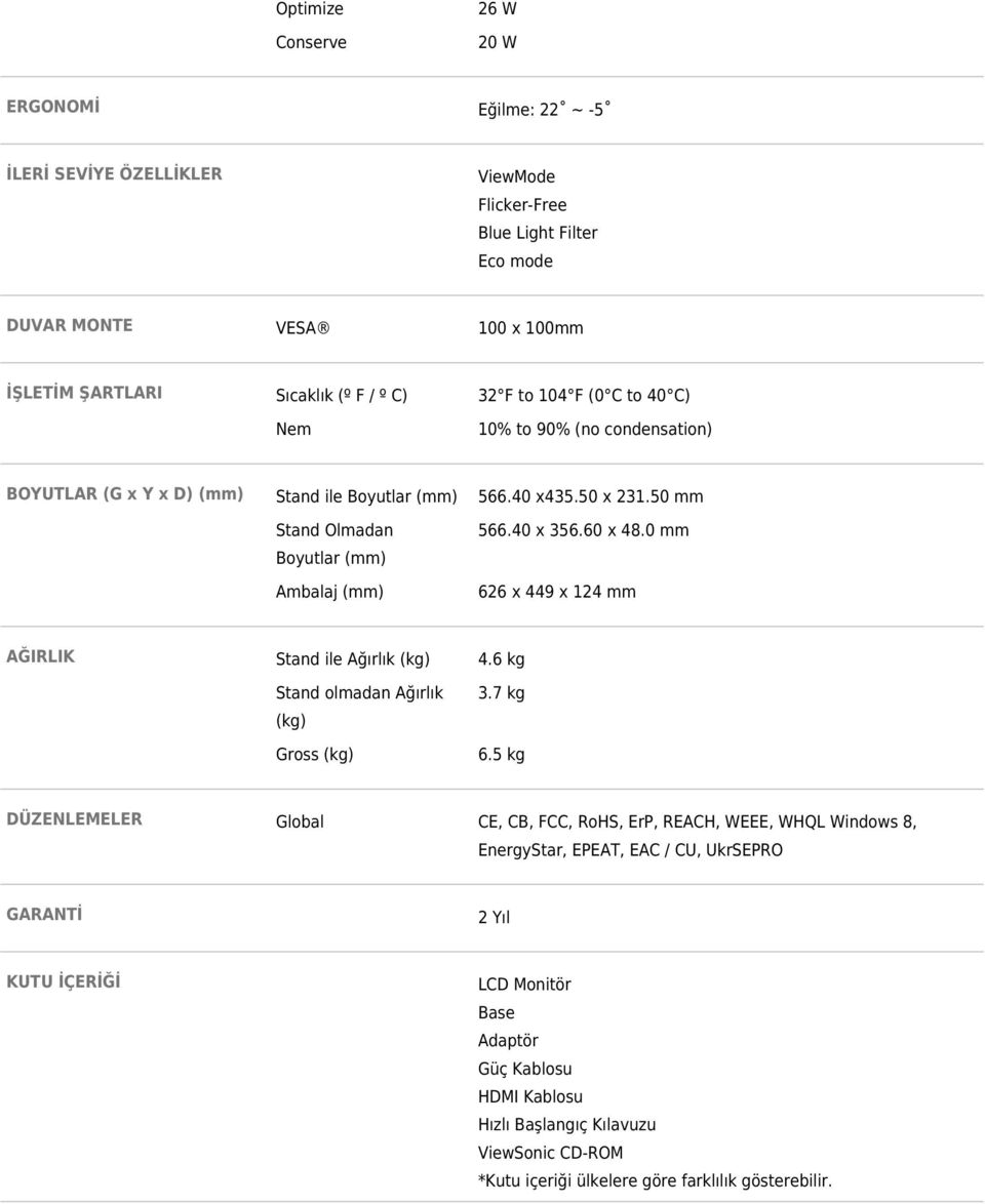 0 mm BOYUTLAR (G x Y x D) (mm) Boyutlar (mm) AĞIRLIK Ambalaj (mm) 626 x 449 x 124 mm Stand ile Ağırlık (kg) 4.6 kg Stand olmadan Ağırlık 3.7 kg (kg) DÜZENLEMELER Gross (kg) 6.