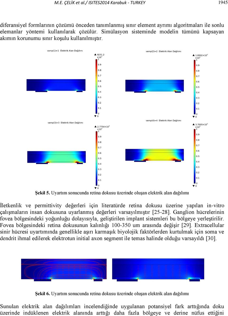 Uyartım sonucunda retina dokusu üzerinde oluşan elektrik alan dağılımı İletkenlik ve permittivity değerleri için literatürde retina dokusu üzerine yapılan in-vitro çalışmaların insan dokusuna