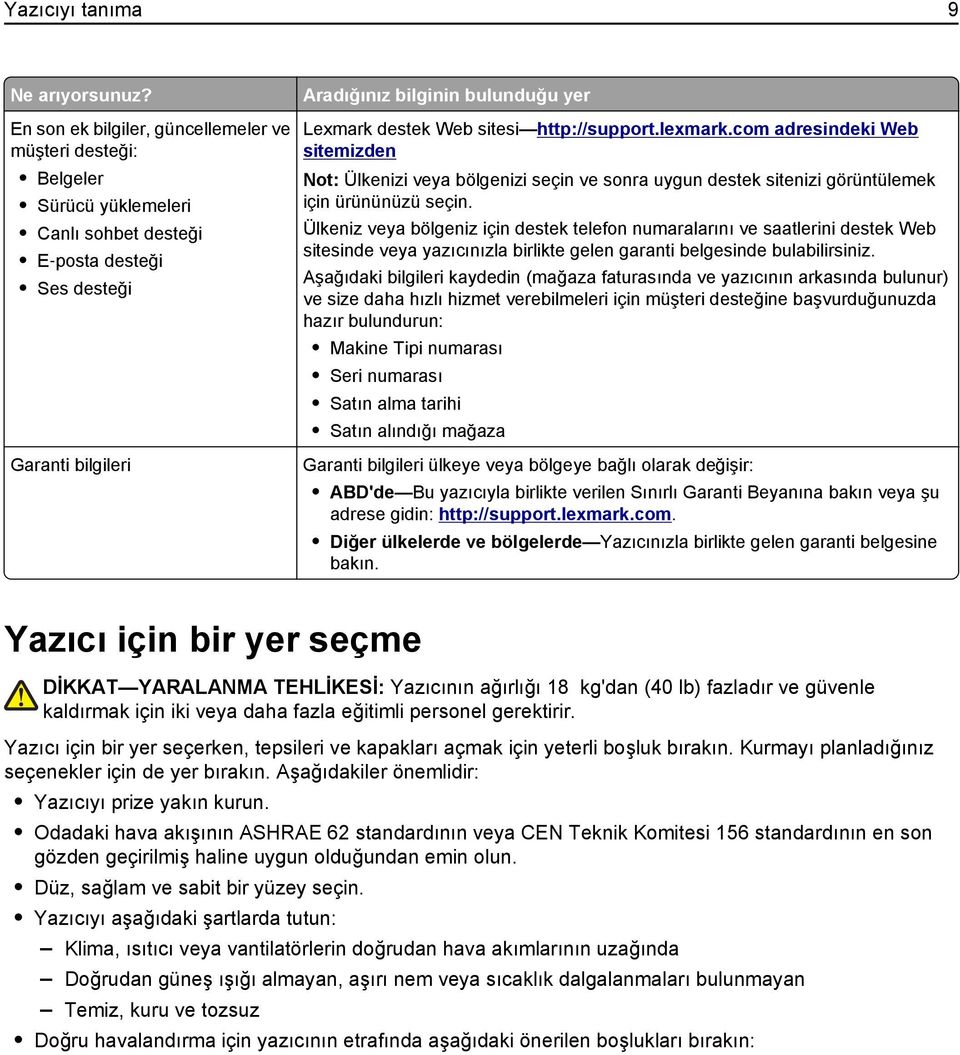 Web sitesi http://support.lexmark.com adresindeki Web sitemizden Not: Ülkenizi veya bölgenizi seçin ve sonra uygun destek sitenizi görüntülemek için ürününüzü seçin.