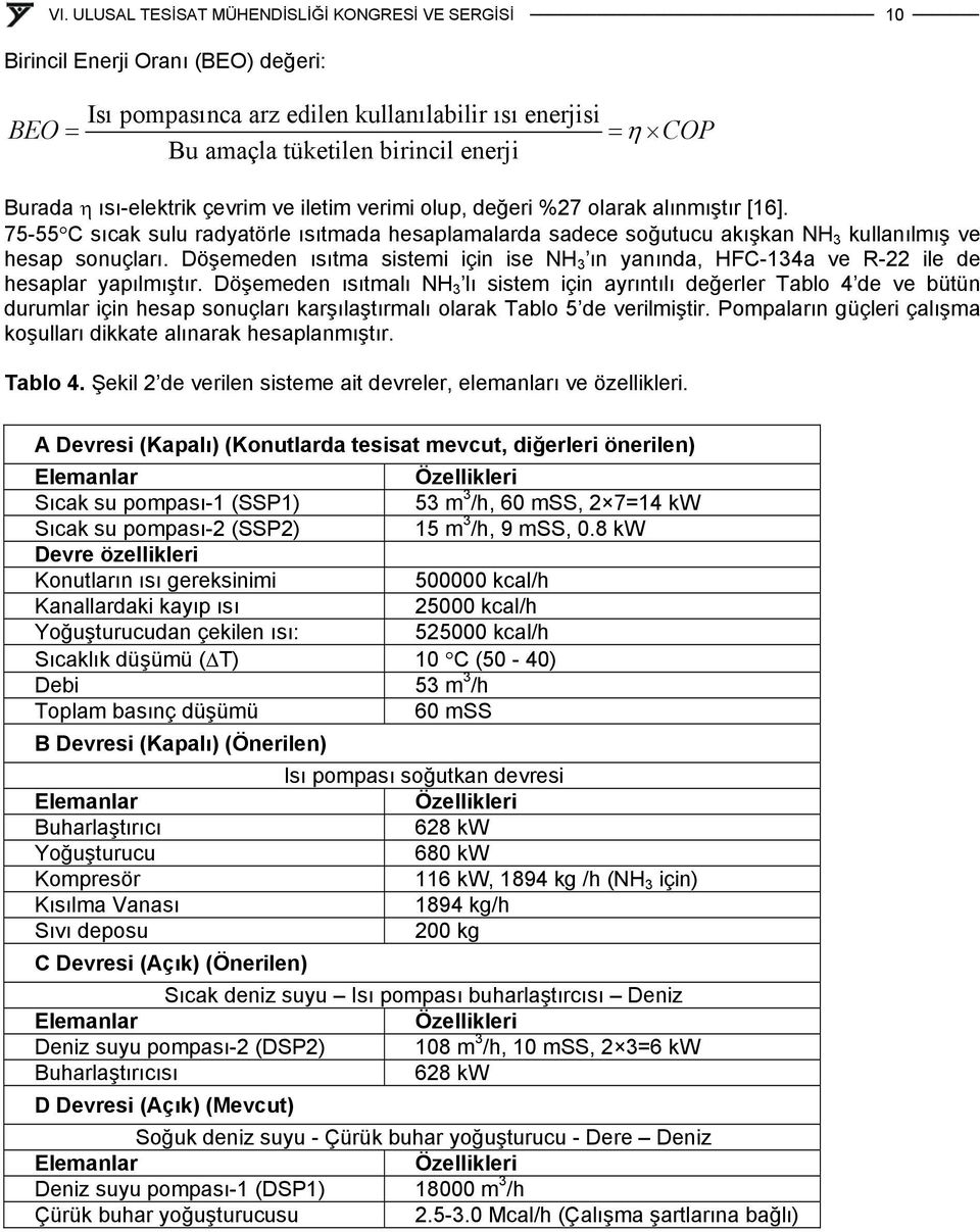 Döşemeden ısıtma sistemi için ise NH 3 ın yanında, HFC-134a ve R-22 ile de hesaplar yapılmıştır.