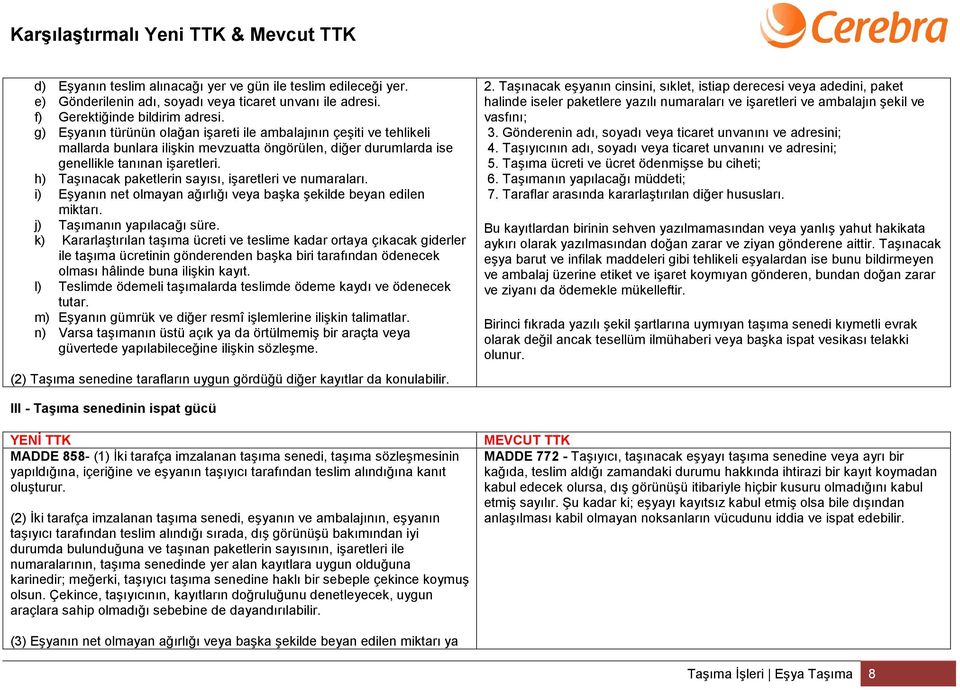 h) Taşınacak paketlerin sayısı, işaretleri ve numaraları. i) Eşyanın net olmayan ağırlığı veya başka şekilde beyan edilen miktarı. j) Taşımanın yapılacağı süre.