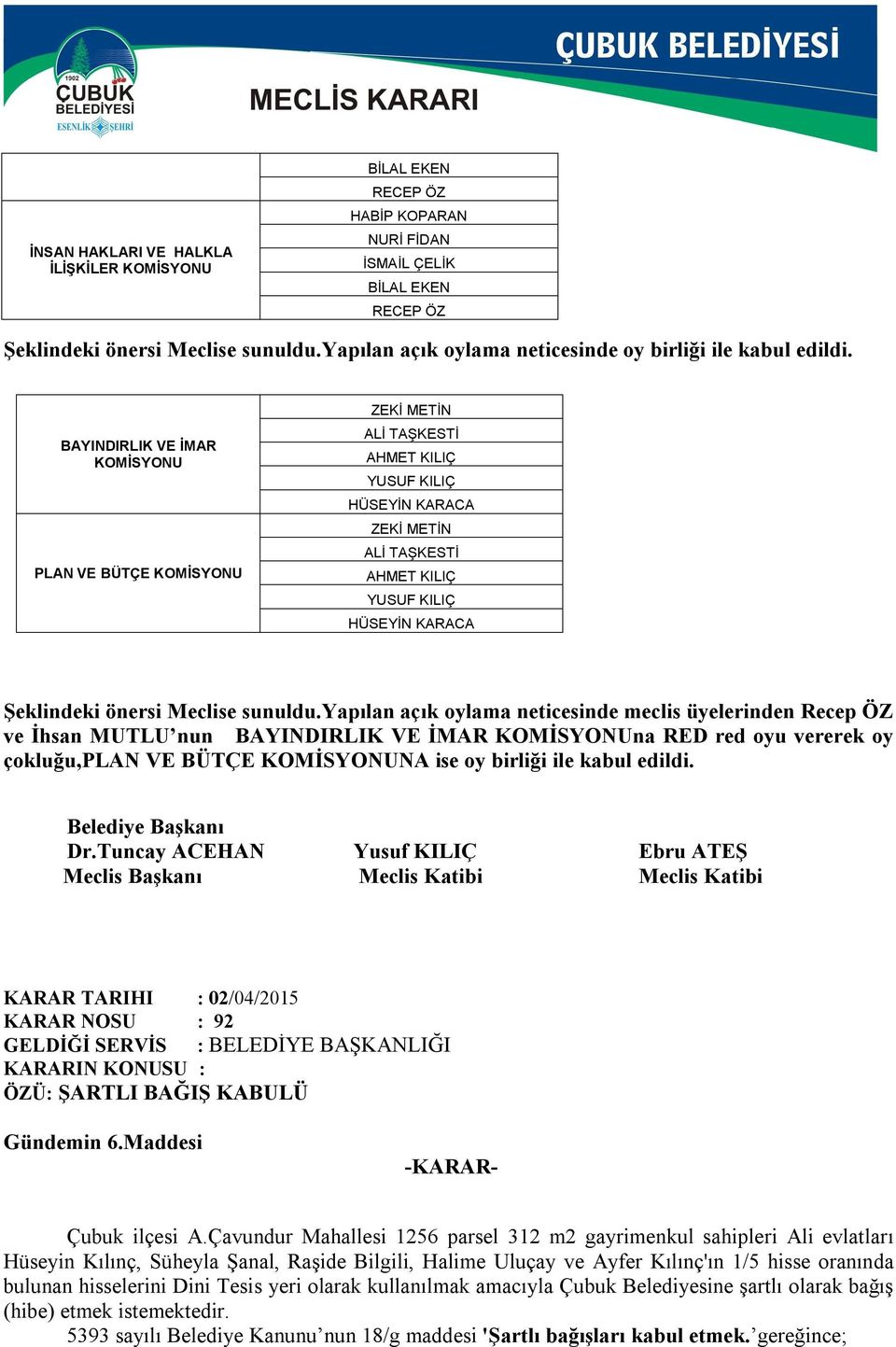 BAYINDIRLIK VE İMAR KOMİSYONU PLAN VE BÜTÇE KOMİSYONU ZEKİ METİN ALİ TAŞKESTİ AHMET KILIÇ YUSUF KILIÇ HÜSEYİN KARACA ZEKİ METİN ALİ TAŞKESTİ AHMET KILIÇ YUSUF KILIÇ HÜSEYİN KARACA Şeklindeki önersi