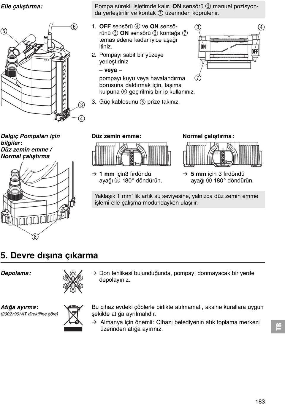 Pompayý sabit bir yüzeye yerleþtiriniz veya pompayý kuyu veya havalandýrma 7 borusuna daldýrmak için, taþýma kulpuna 5 geçirilmiþ bir ip kullanýnýz. 3. Güç kablosunu 6 prize takýnýz.