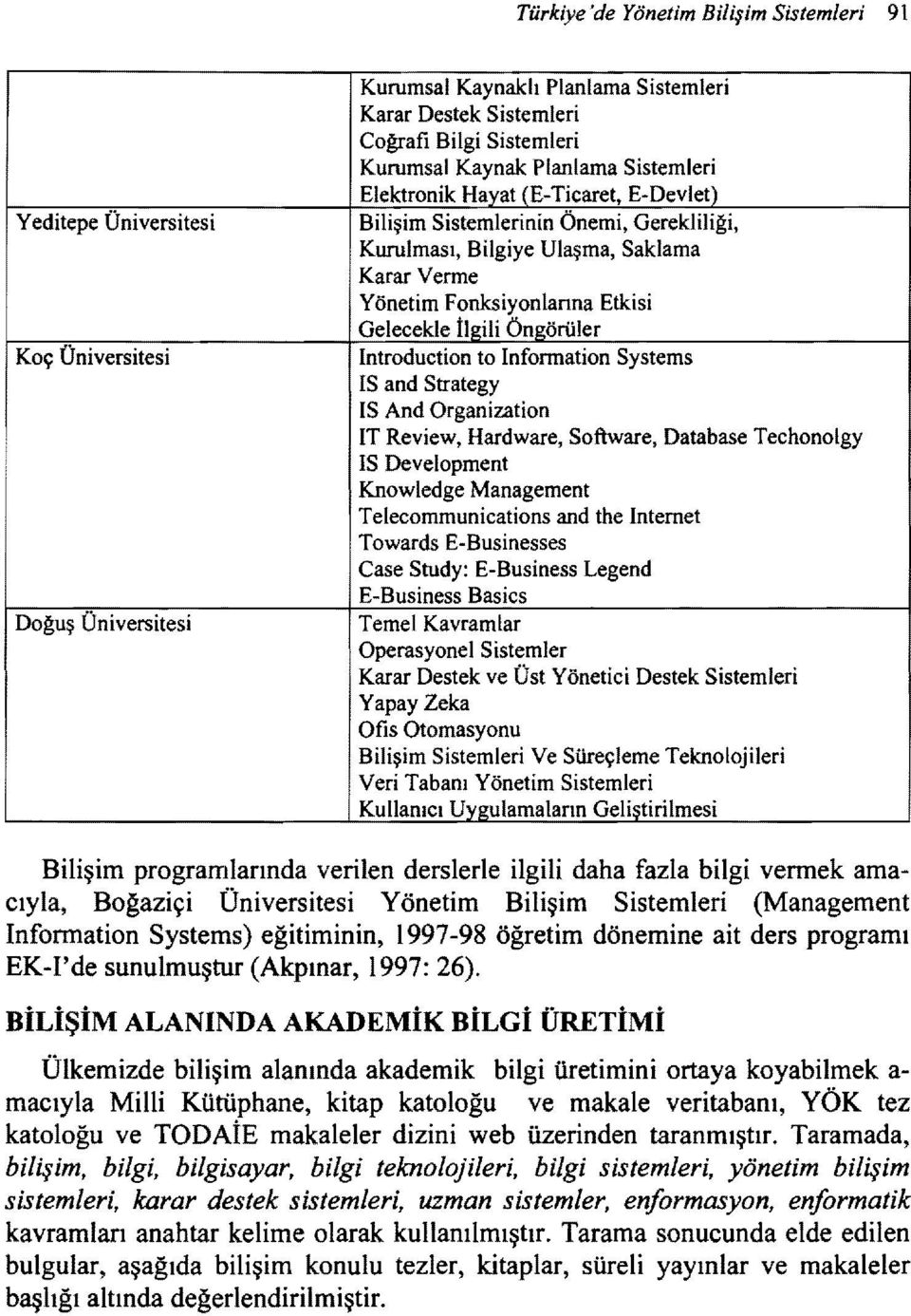 İlgili Öngörüler Introduction to Information Systems IS and Strategy IS And Organization IT Review, Hardware, Software, Database Techonolgy IS Development Knowledge Management Telecommunications and