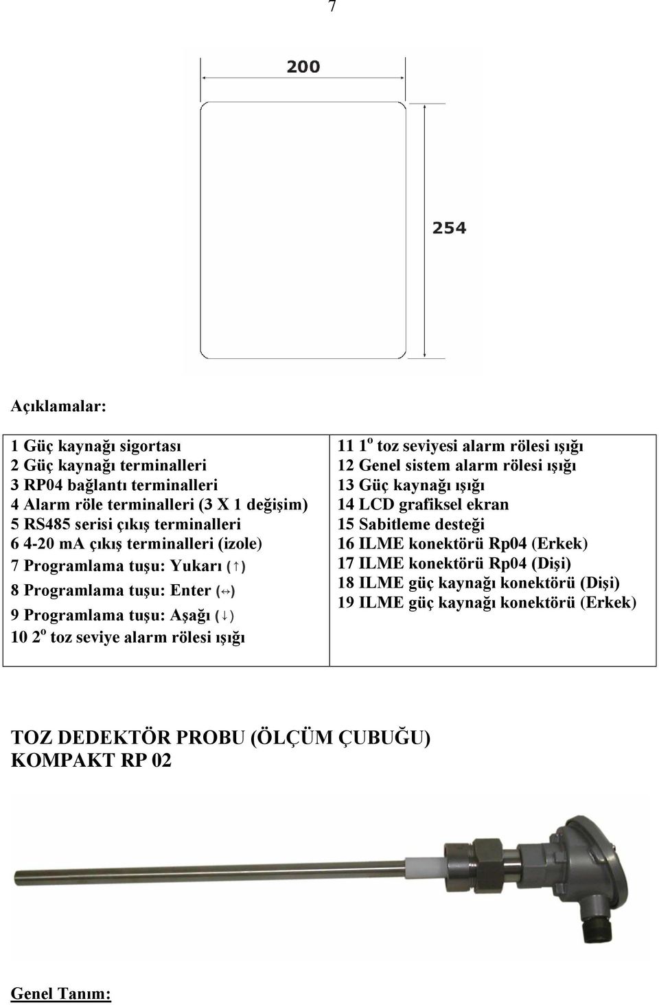 rölesi ıģığı 11 1 o toz seviyesi alarm rölesi ıģığı 12 Genel sistem alarm rölesi ıģığı 13 Güç kaynağı ıģığı 14 LCD grafiksel ekran 15 Sabitleme desteği 16 ILME