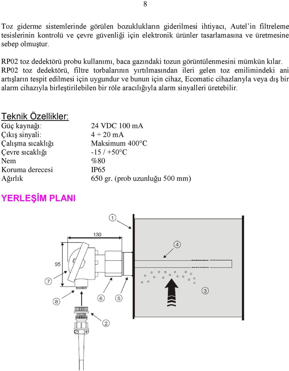 RP02 toz dedektörü, filtre torbalarının yırtılmasından ileri gelen toz emilimindeki ani artışların tespit edilmesi için uygundur ve bunun için cihaz, Ecomatic cihazlarıyla veya dış bir alarm