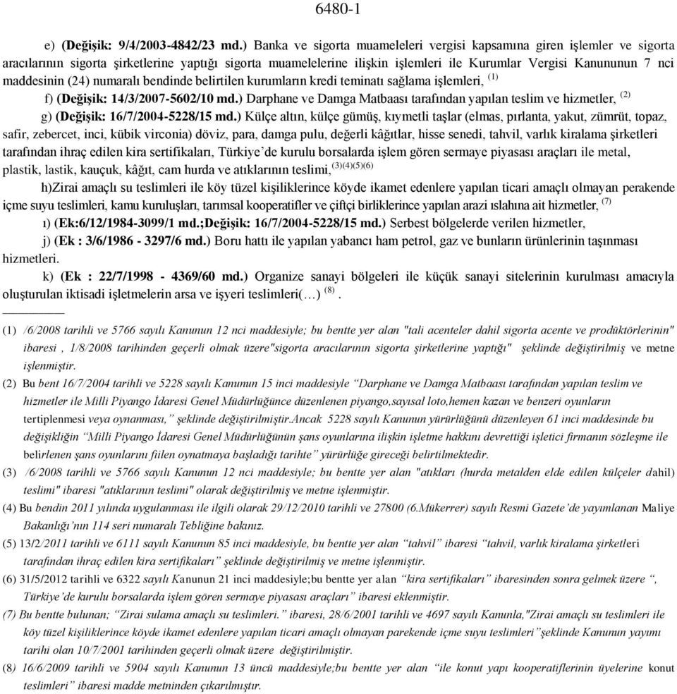 maddesinin (24) numaralı bendinde belirtilen kurumların kredi teminatı sağlama işlemleri, (1) f) (Değişik: 14/3/2007-5602/10 md.