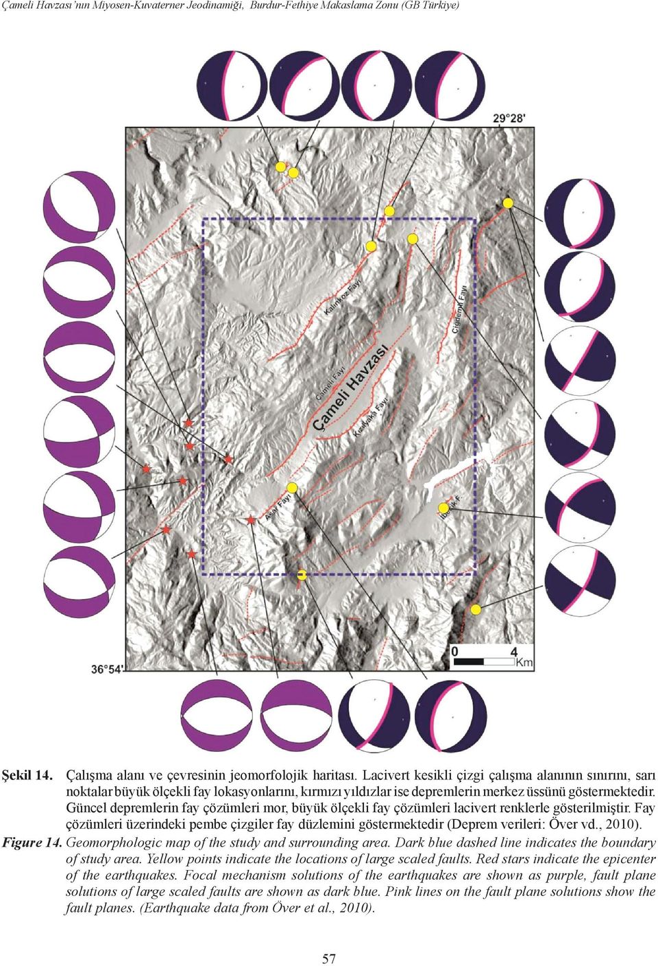 Güncel depremlerin fay çözümleri mor, büyük ölçekli fay çözümleri lacivert renklerle gösterilmiştir. Fay çözümleri üzerindeki pembe çizgiler fay düzlemini göstermektedir (Deprem verileri: Över vd.