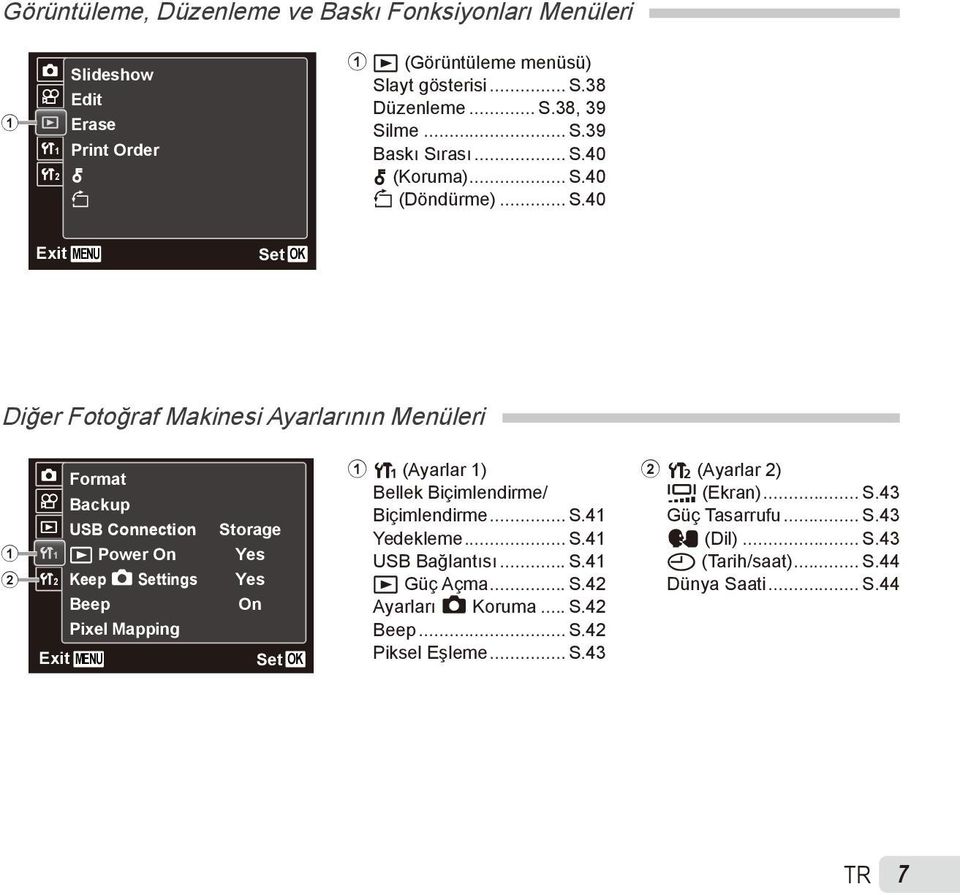 Pixel Mapping Exit MENU Storage Yes Yes On Set OK 1 r (Ayarlar 1) Bellek Biçimlendirme/ Biçimlendirme... S.41 Yedekleme... S.41 USB Bağlantısı... S.41 q Güç Açma... S.42 Ayarları K Koruma.