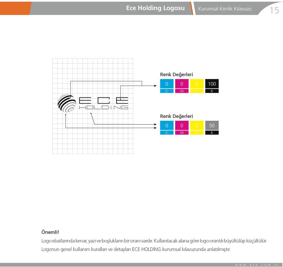 Logo ebatlarında kenar, yazı ve boşlukların bir oranı vardır.
