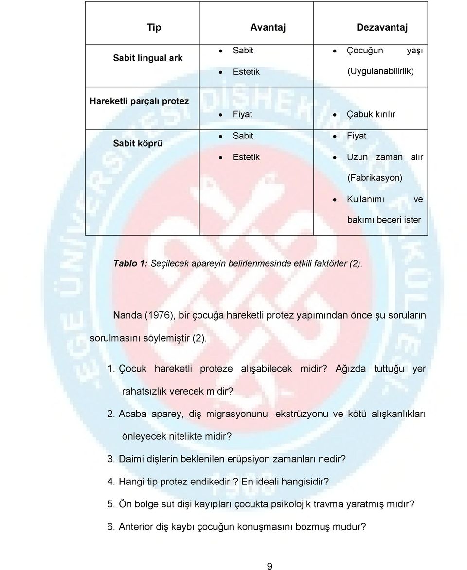 1. Çocuk hareketli proteze alışabilecek midir? Ağızda tuttuğu yer rahatsızlık verecek midir? 2. Acaba aparey, diş migrasyonunu, ekstrüzyonu ve kötü alışkanlıkları önleyecek nitelikte midir? 3.