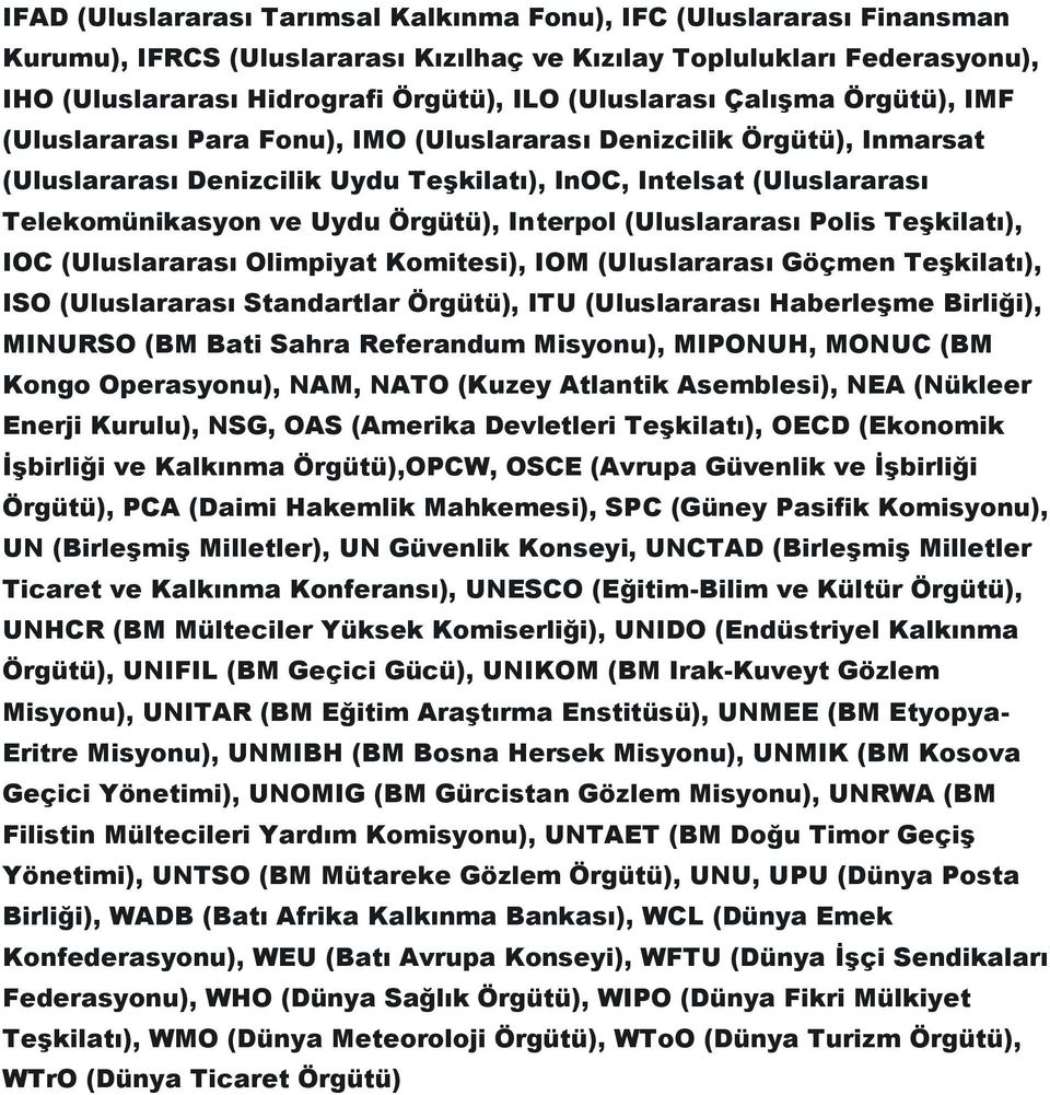 Uydu Örgütü), Interpol (Uluslararası Polis Teşkilatı), IOC (Uluslararası Olimpiyat Komitesi), IOM (Uluslararası Göçmen Teşkilatı), ISO (Uluslararası Standartlar Örgütü), ITU (Uluslararası Haberleşme