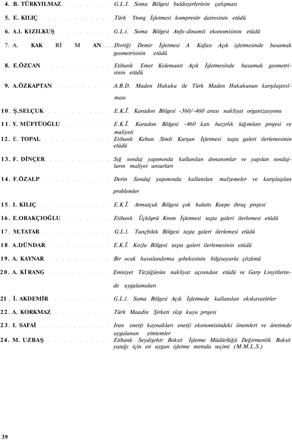 ÖZCAN Etibank Emet Kolemanit Açık İşletmesinde basamak geometrisinin 9. A.ÖZKAPTAN A.B.D. Maden Hukuku ile Türk Maden Hukukunun karşılaştırılması 10. Ş.SELÇUK E.K.Î.