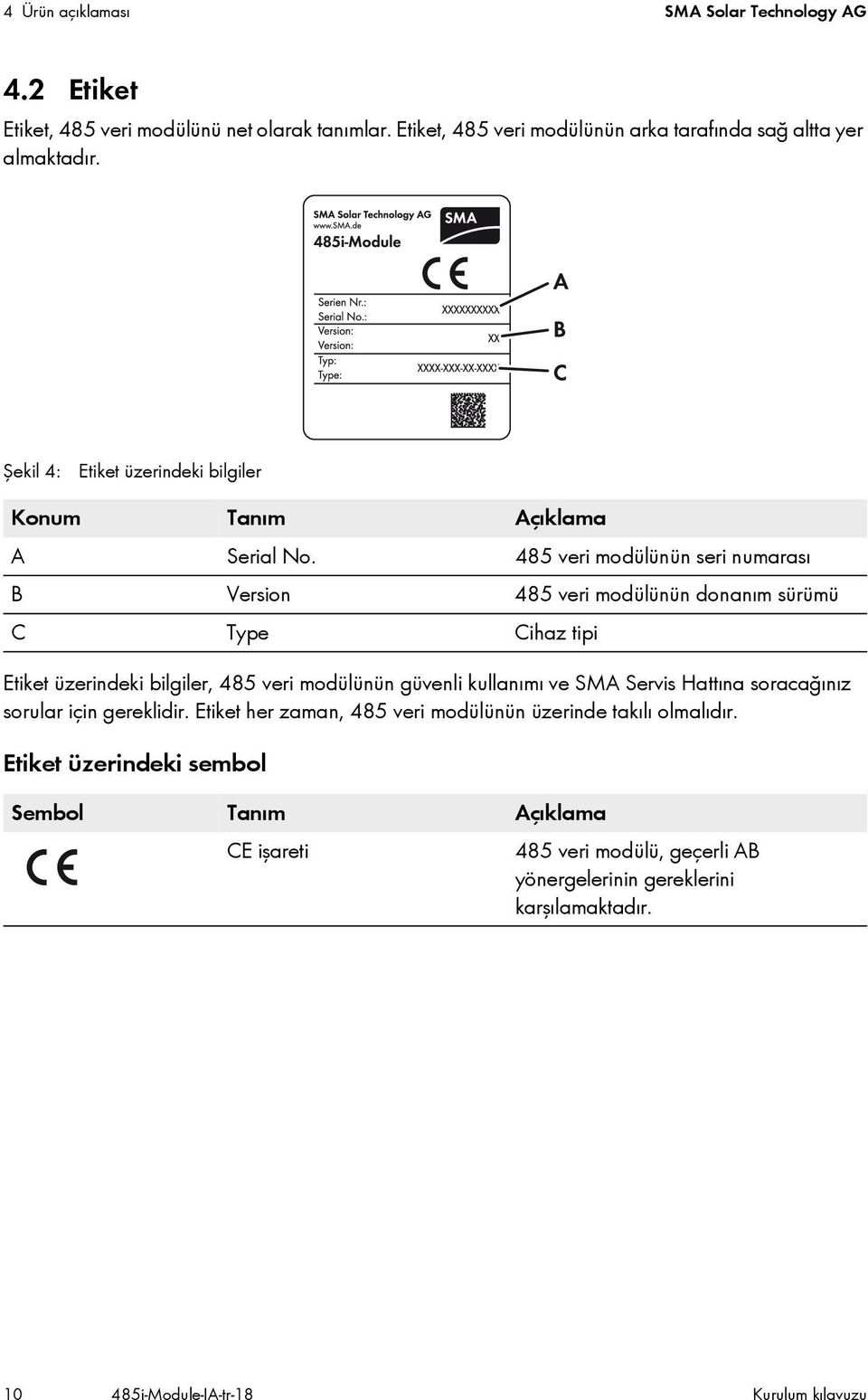 485 veri modülünün seri numarası B Version 485 veri modülünün donanım sürümü C Type Cihaz tipi Etiket üzerindeki bilgiler, 485 veri modülünün güvenli kullanımı ve SMA