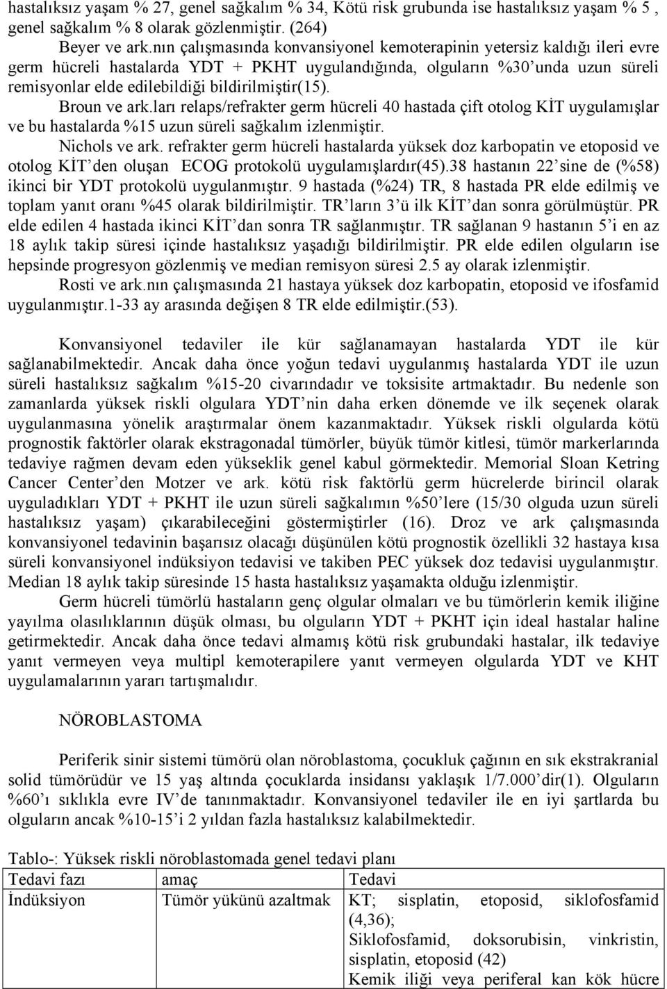 bildirilmiştir(15). Broun ve ark.ları relaps/refrakter germ hücreli 40 hastada çift otolog KİT uygulamışlar ve bu hastalarda %15 uzun süreli sağkalım izlenmiştir. Nichols ve ark.