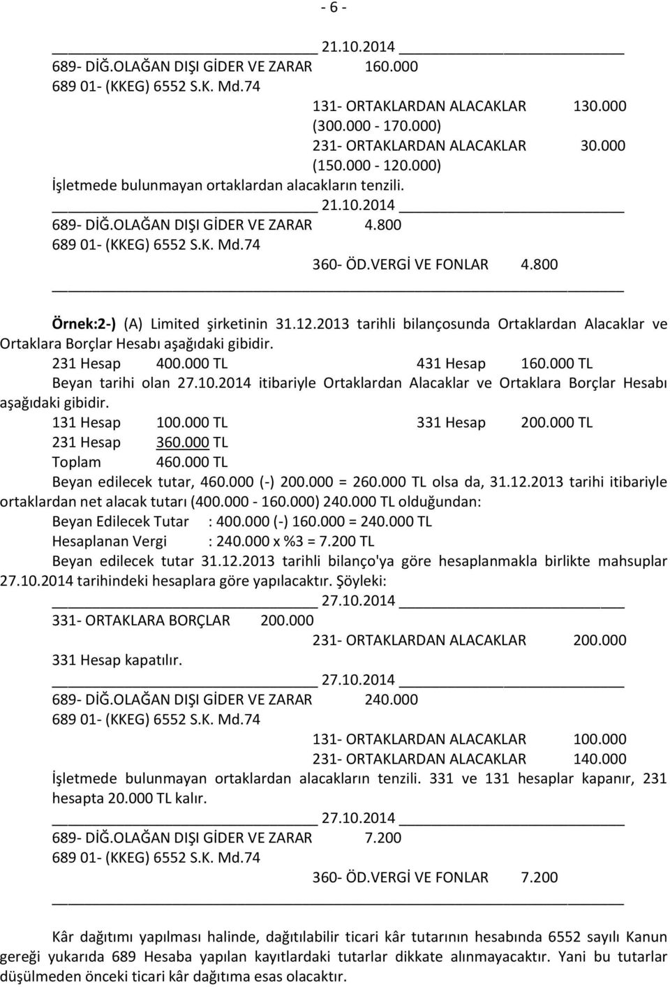 2013 tarihli bilançosunda Ortaklardan Alacaklar ve Ortaklara Borçlar Hesabı aşağıdaki gibidir. 231 Hesap 400.000 TL 431 Hesap 160.000 TL Beyan tarihi olan 27.10.