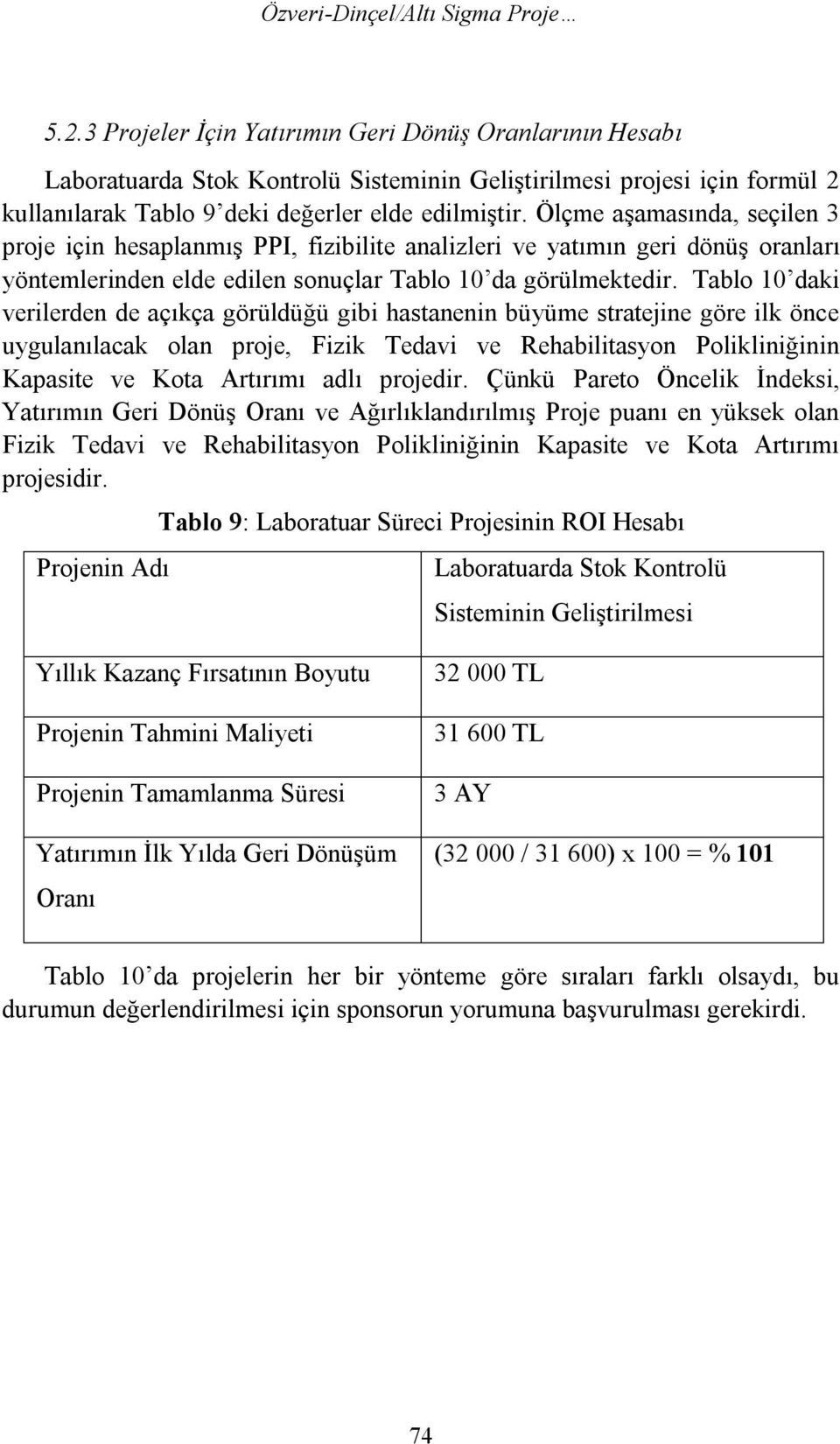 Ölçme aşamasında, seçilen 3 proje için hesaplanmış PPI, fizibilite analizleri ve yatımın geri dönüş oranları yöntemlerinden elde edilen sonuçlar Tablo 10 da görülmektedir.