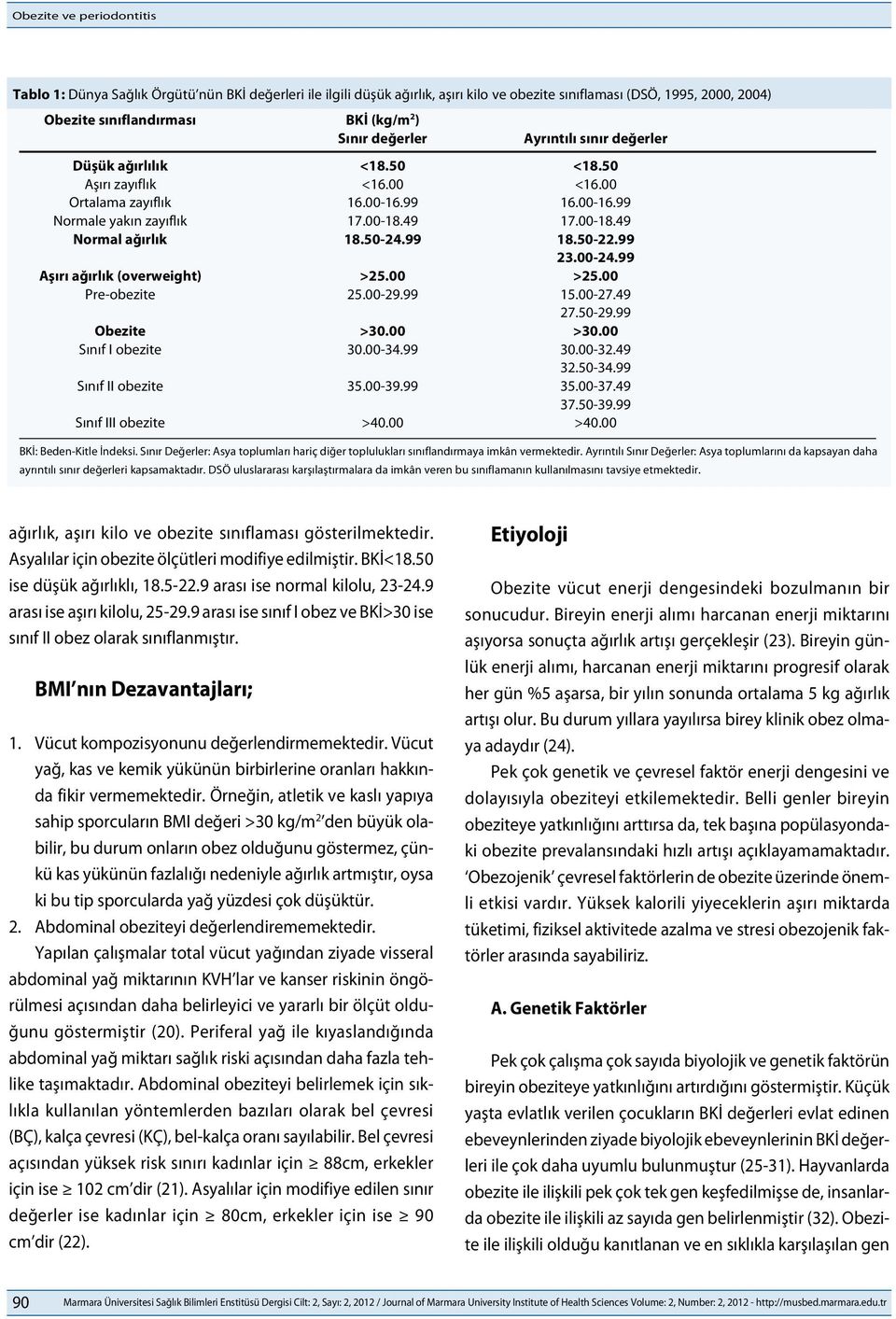 50-24.99 18.50-22.99 23.00-24.99 Aşırı ağırlık (overweight) >25.00 >25.00 Pre-obezite 25.00-29.99 15.00-27.49 27.50-29.99 Obezite >30.00 >30.00 Sınıf I obezite 30.00-34.99 30.00-32.49 32.50-34.